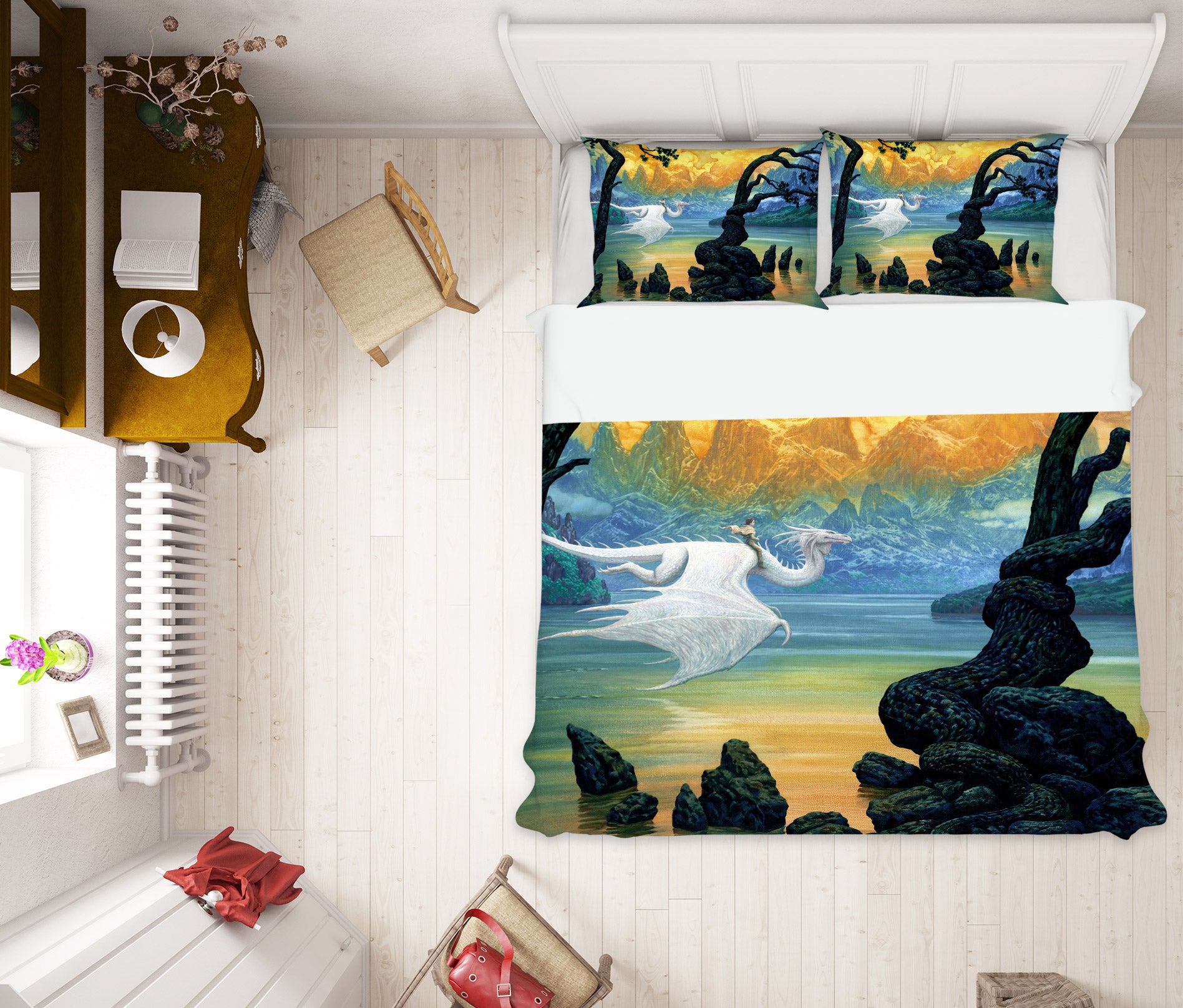 3D Mountain River White Dragon 7001 Ciruelo Bedding Bed Pillowcases Quilt