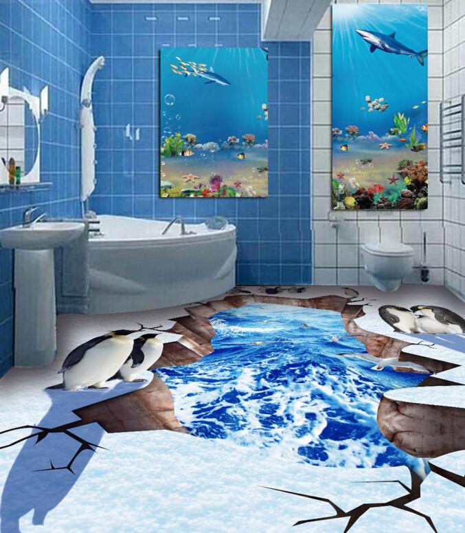 3D Penguins Family Floor Mural Wallpaper AJ Wallpaper 2