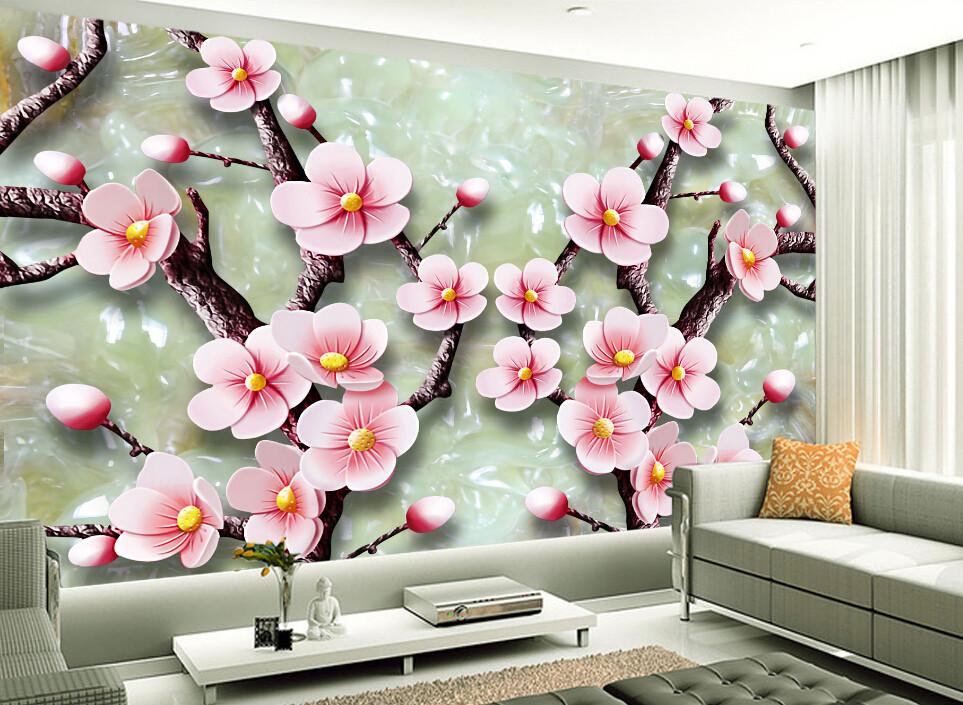 3D Jade Peach Pink Flowers Wallpaper AJ Wallpaper 1
