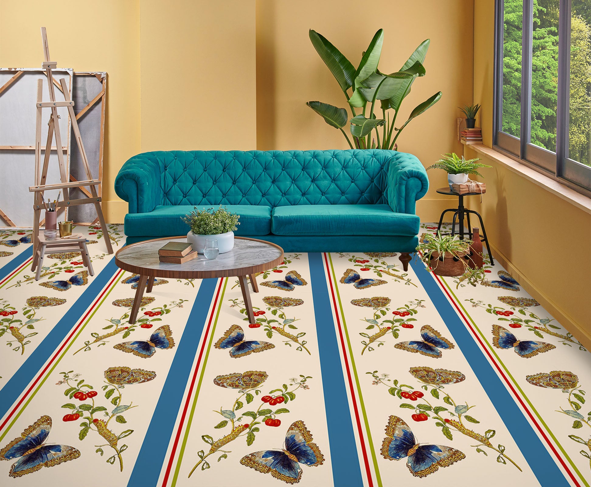 3D Flower Branch Butterfly Pattern 10019 Uta Naumann Floor Mural