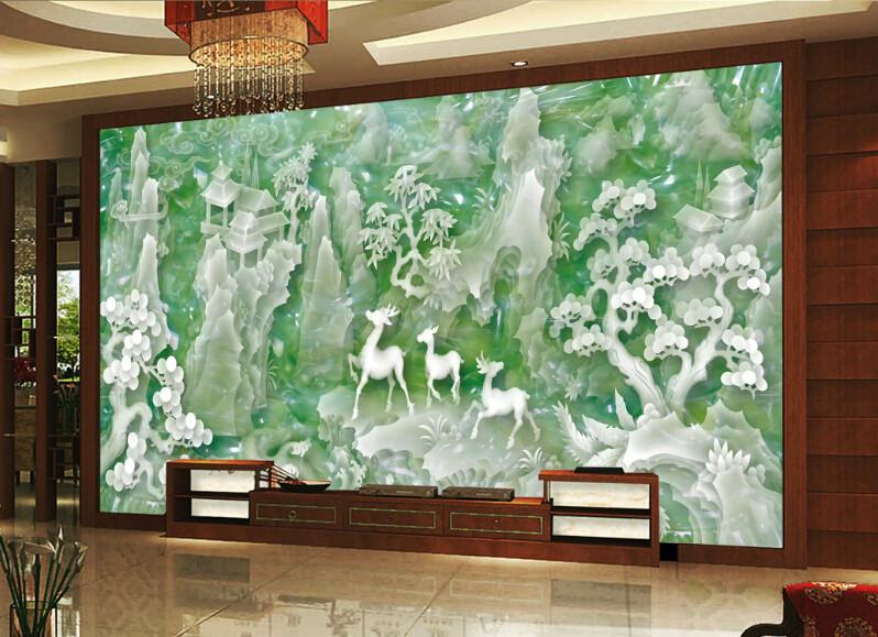 3D Jade Deer And Flowers Wallpaper AJ Wallpaper 1
