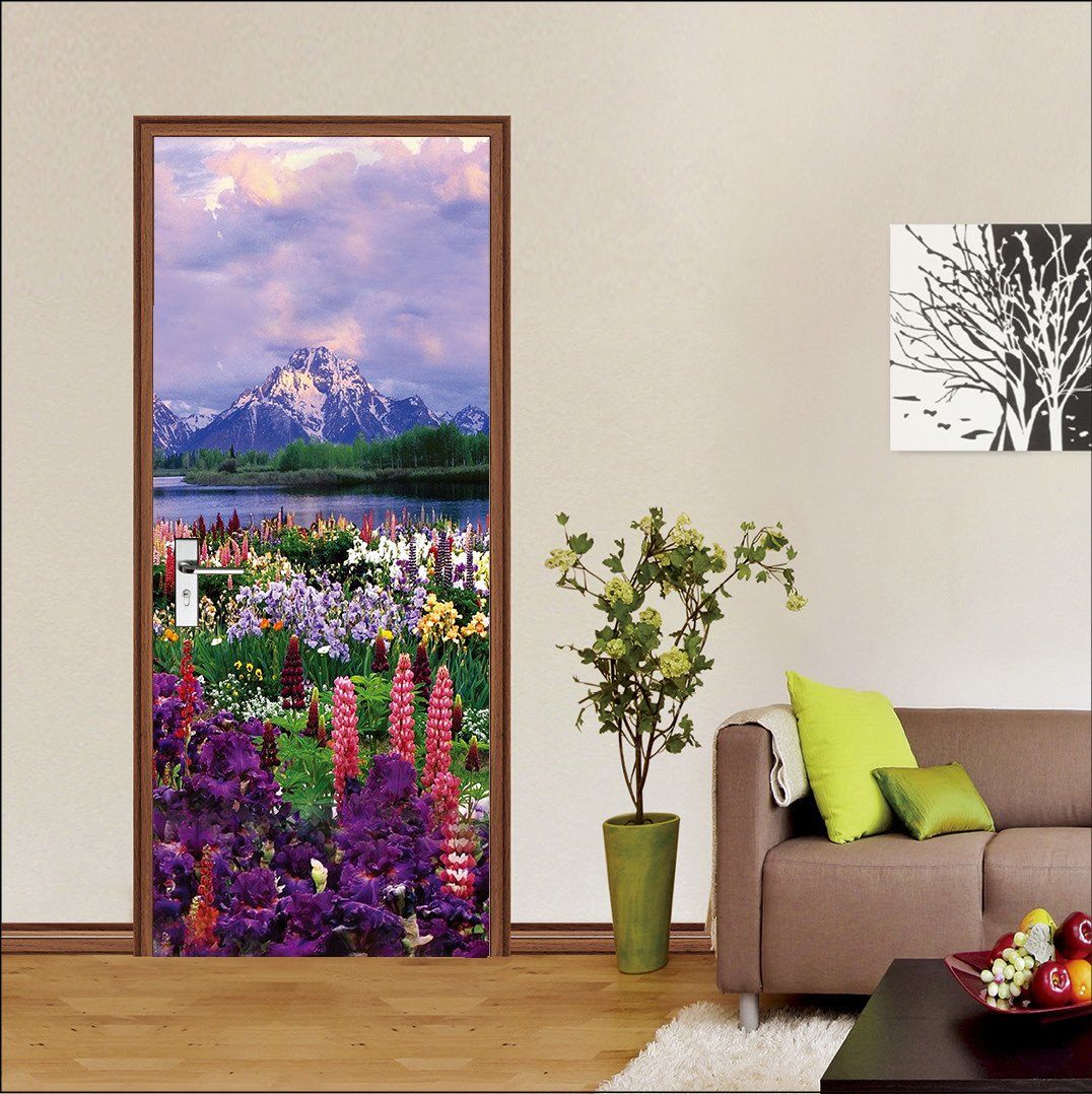 3D snow capped mountains and flowers door mural Wallpaper AJ Wallpaper