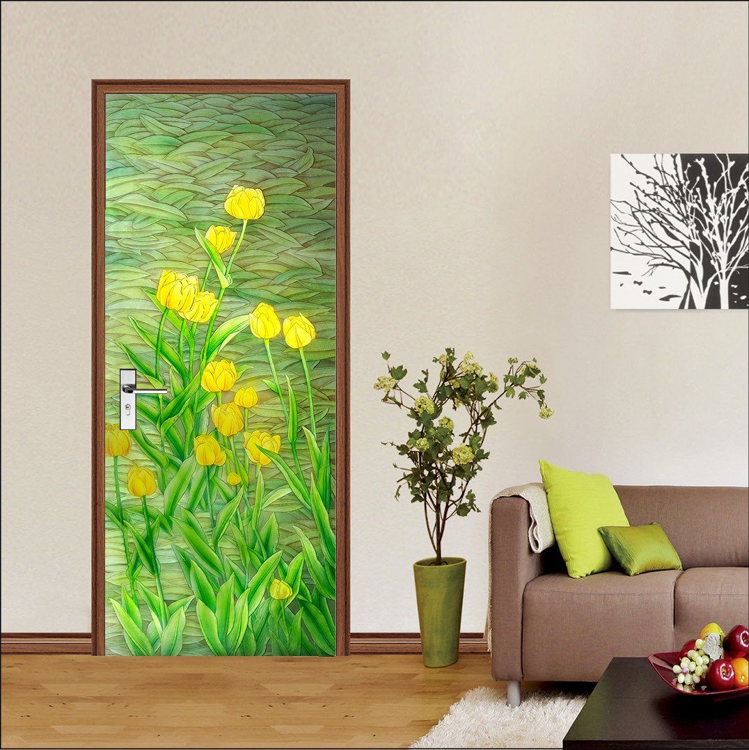 3D tulips green leaf oil Painting door mural Wallpaper AJ Wallpaper