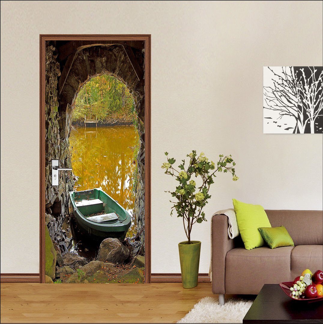 3D lake docked boat door mural Wallpaper AJ Wallpaper