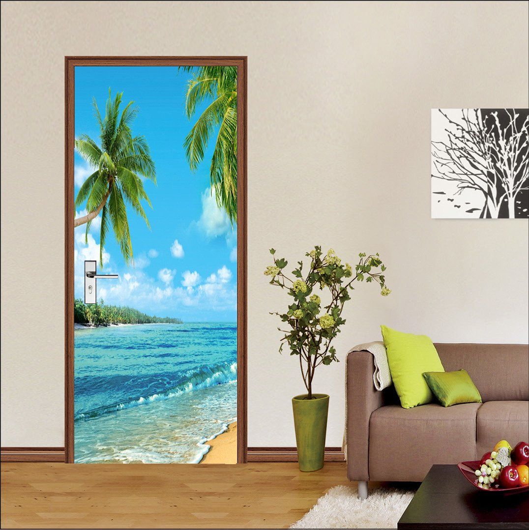 3D coconut tree seawater waves door mural Wallpaper AJ Wallpaper