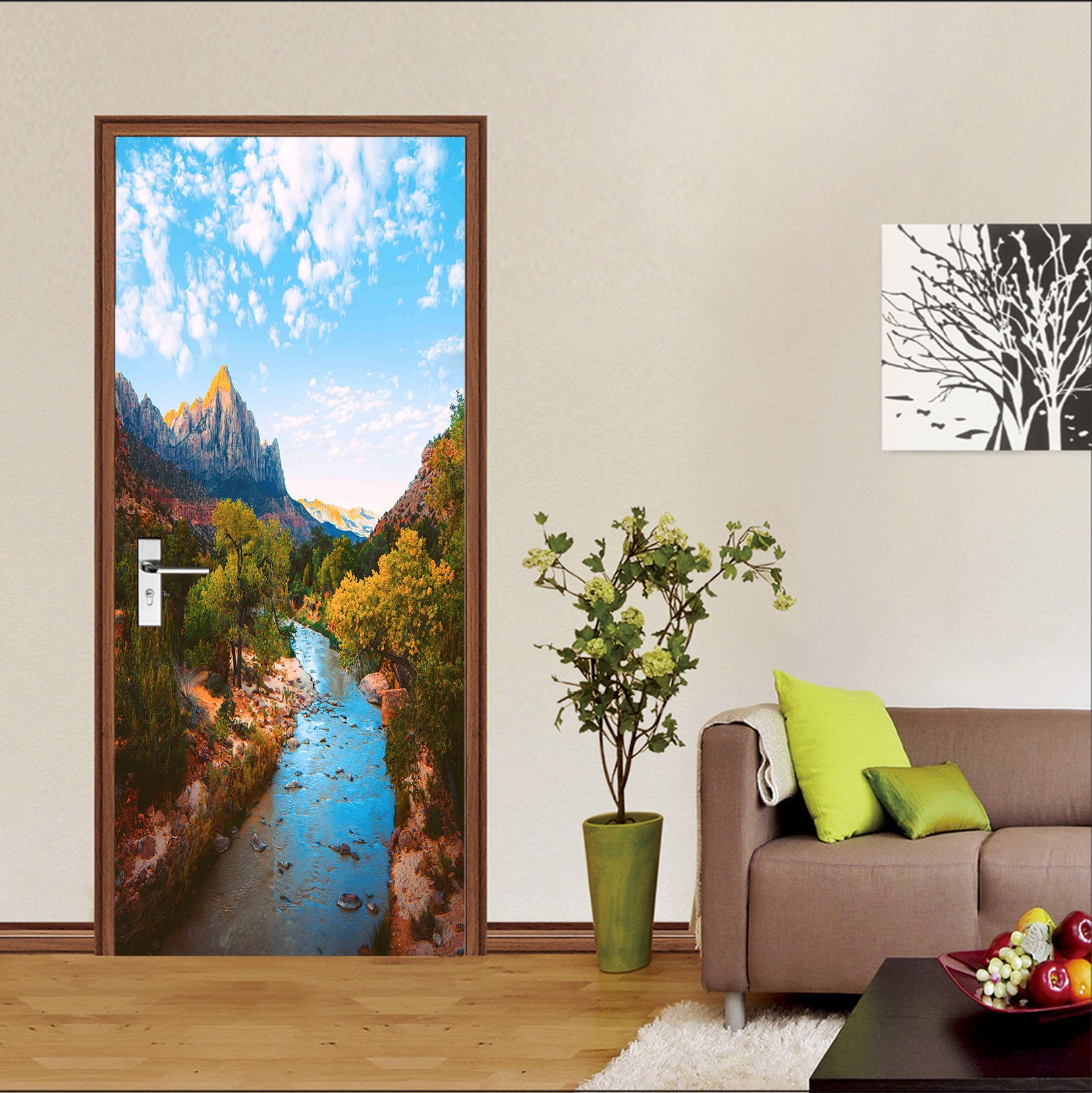 3D Mountain Gorge River 22023 Door Mural