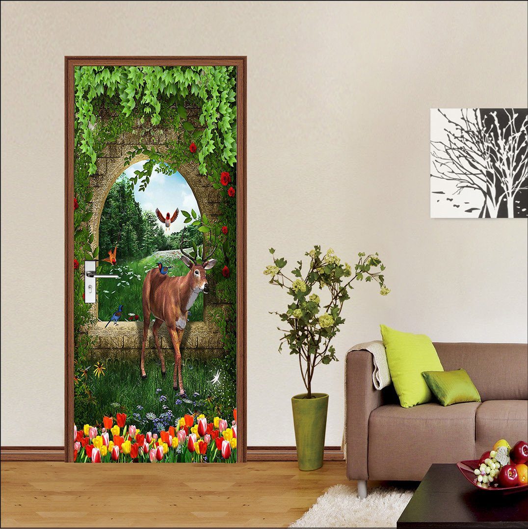 3D elk flower the green grass door mural Wallpaper AJ Wallpaper