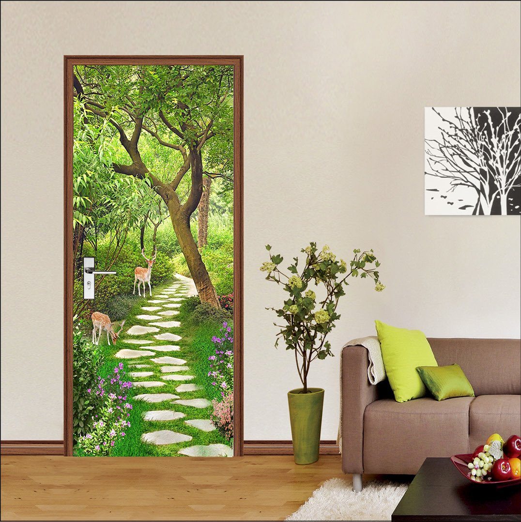 3D little elk by the roadside door mural Wallpaper AJ Wallpaper