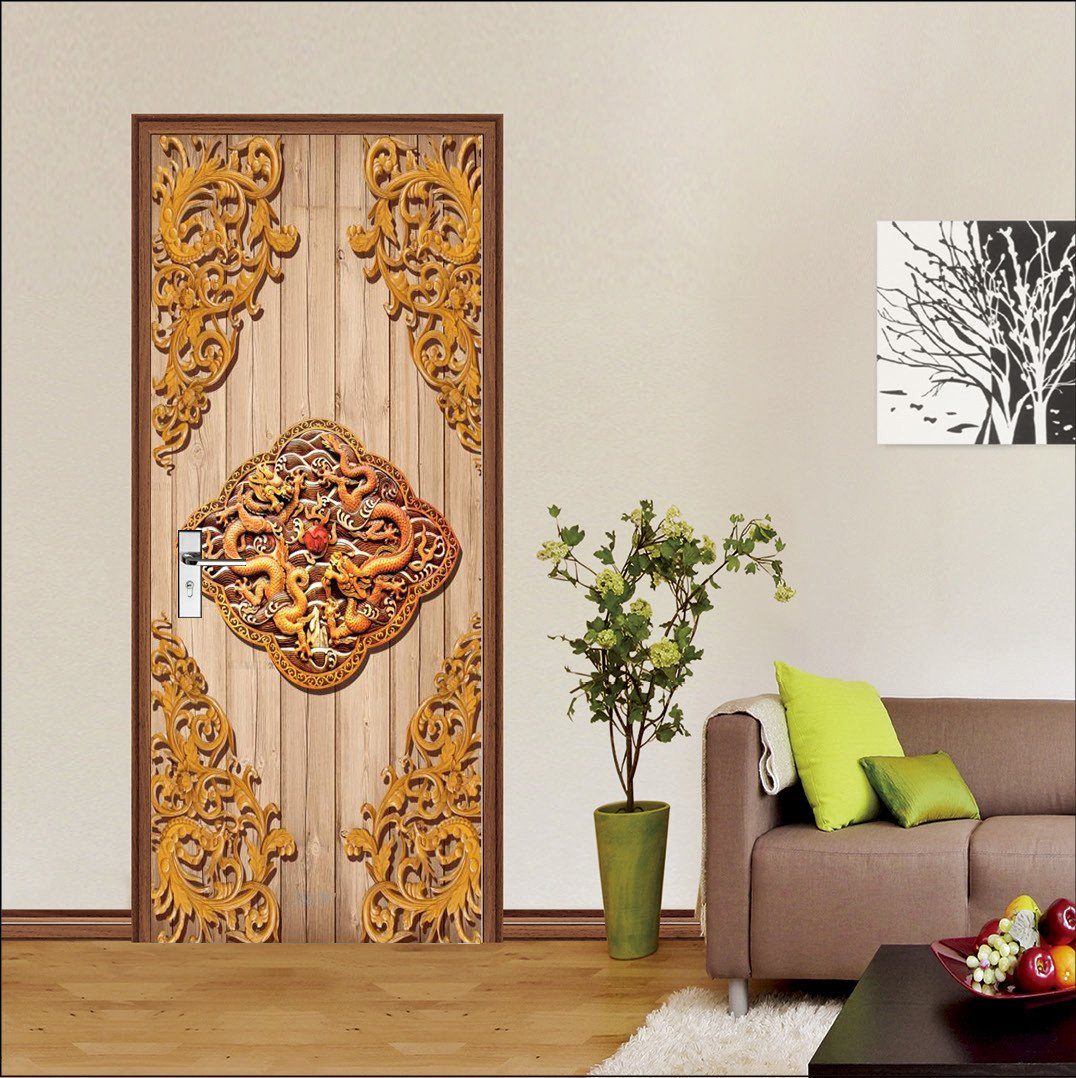 3D board carved loong door mural Wallpaper AJ Wallpaper