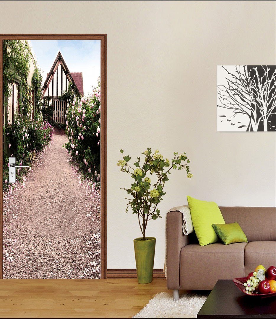3D glass houses flowers door mural Wallpaper AJ Wallpaper