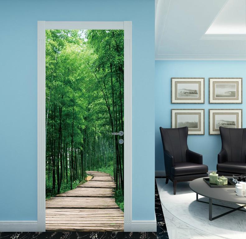 3D bamboo forest brick road bamboo leaf door mural Wallpaper AJ Wallpaper