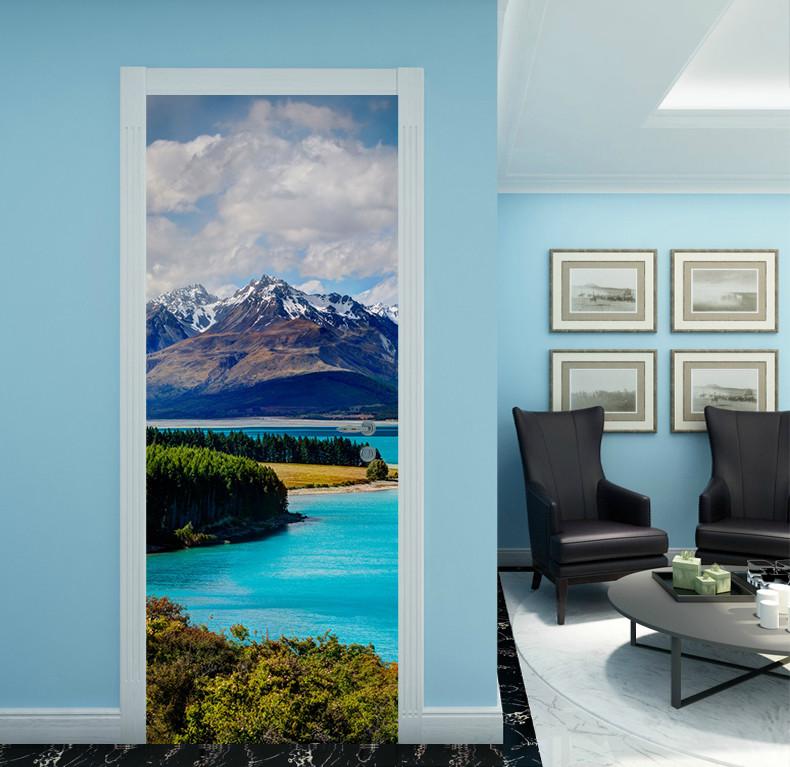 3D blue sea cloudy sky door mural Wallpaper AJ Wallpaper