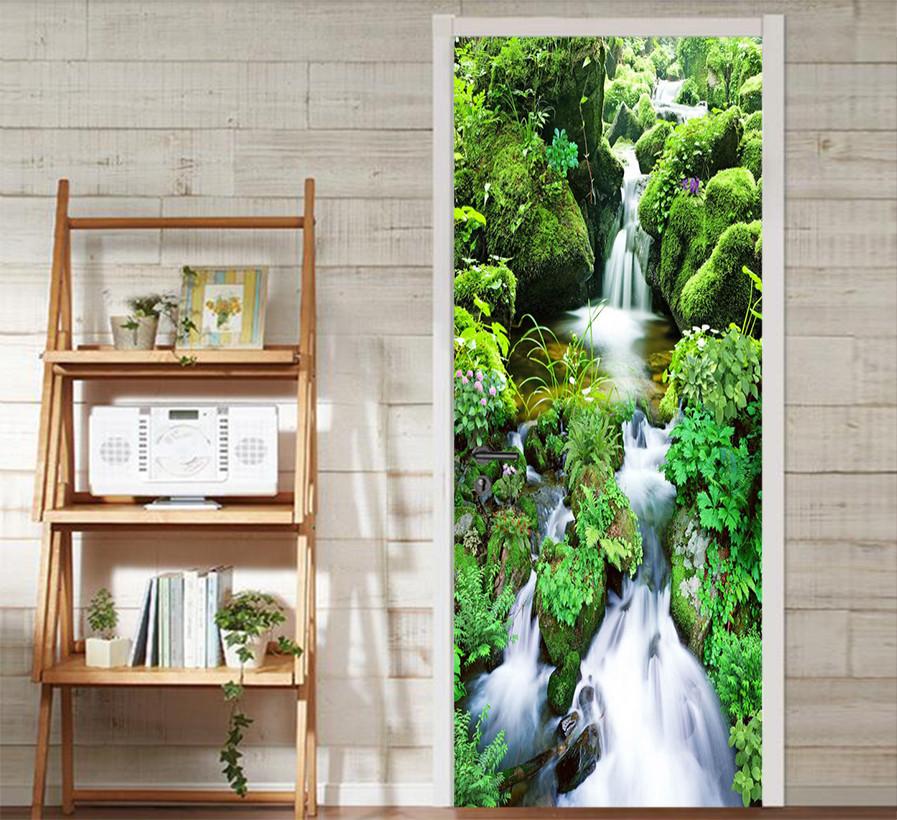 3D moss stone river water door mural Wallpaper AJ Wallpaper