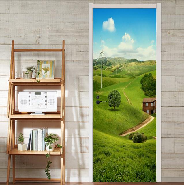 3D grassland windmill tree door mural Wallpaper AJ Wallpaper