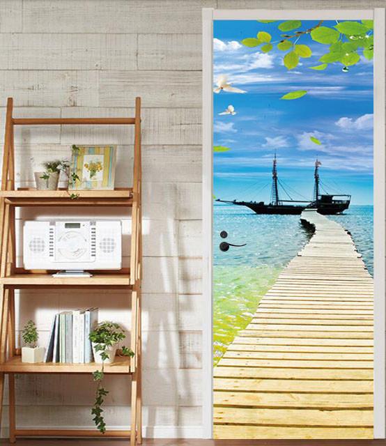 3D blue sky seagull sea plank bridge door mural Wallpaper AJ Wallpaper