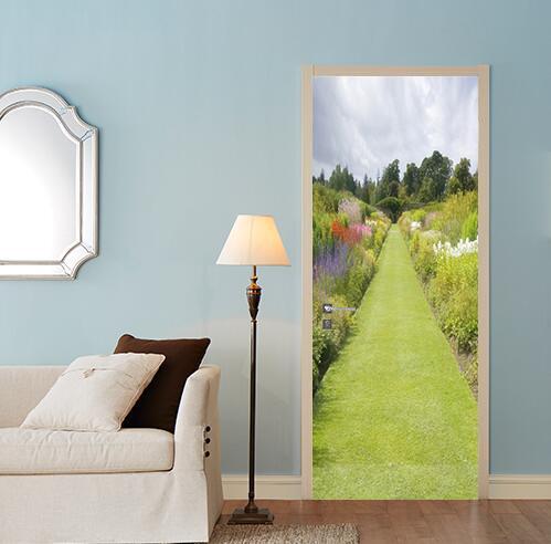 3D grassland flower scenery door mural Wallpaper AJ Wallpaper