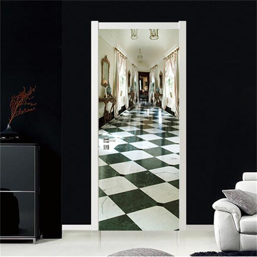 3D checker tiles and curtains door mural Wallpaper AJ Wallpaper
