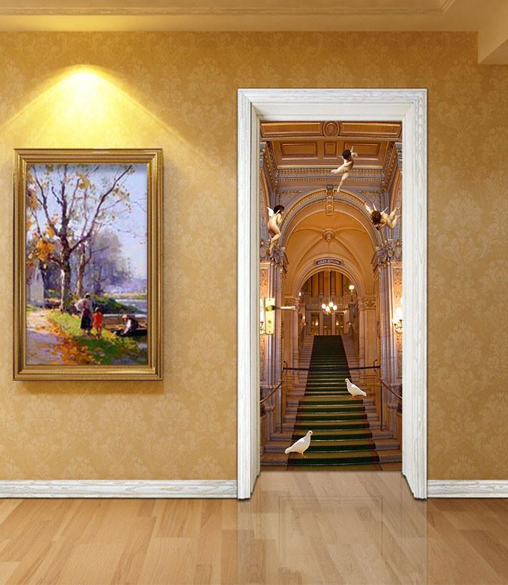 3D stairway angels doves door mural Wallpaper AJ Wallpaper