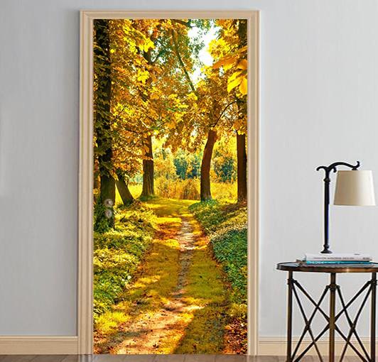 3D sunshine yellow leaves yellow road door mural Wallpaper AJ Wallpaper