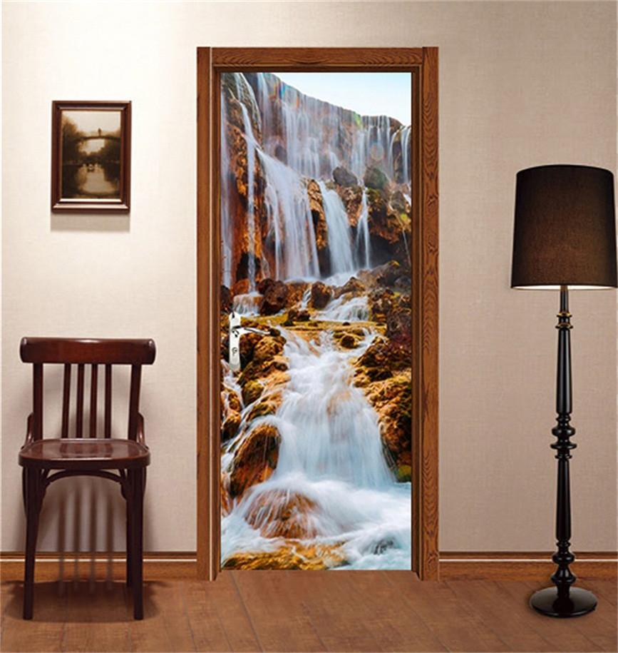 3D waterfalls in the mountains door mural Wallpaper AJ Wallpaper