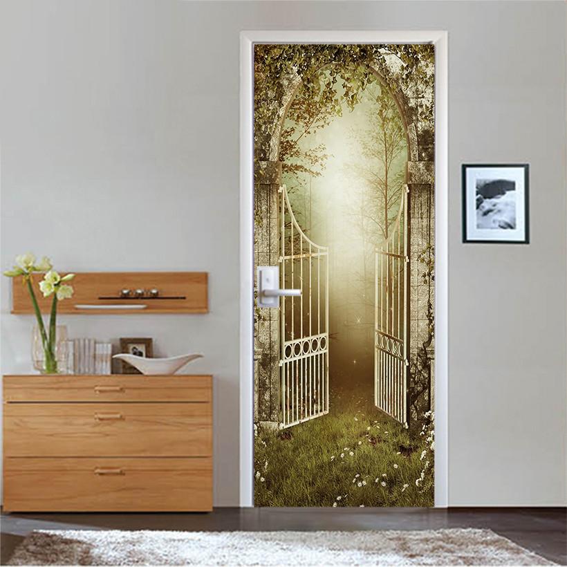3D iron gate sunshine the green grass door mural Wallpaper AJ Wallpaper
