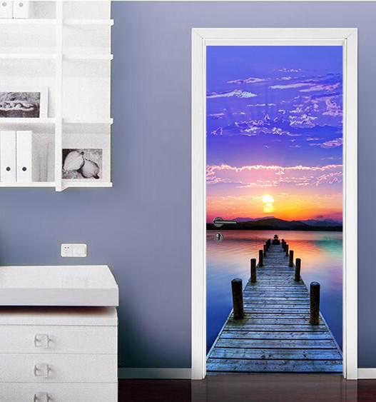 3D sunset glow lake plank bridge stump door mural Wallpaper AJ Wallpaper