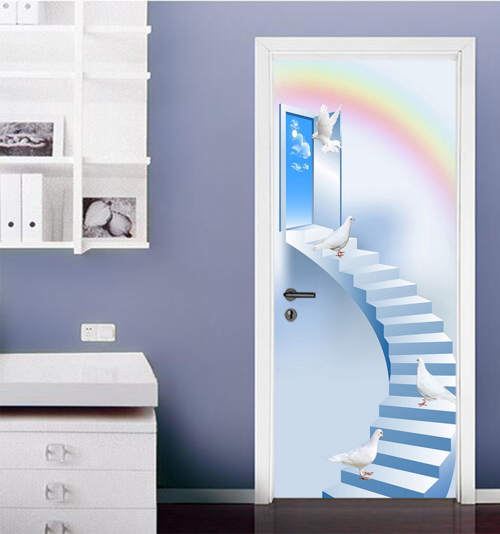 3D Sky Stairs Birds Rainbow 91 Door Mural Wallpaper AJ Wallpaper