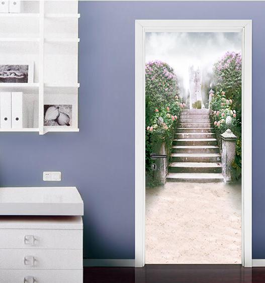 3D full of flowers Steps door mural Wallpaper AJ Wallpaper