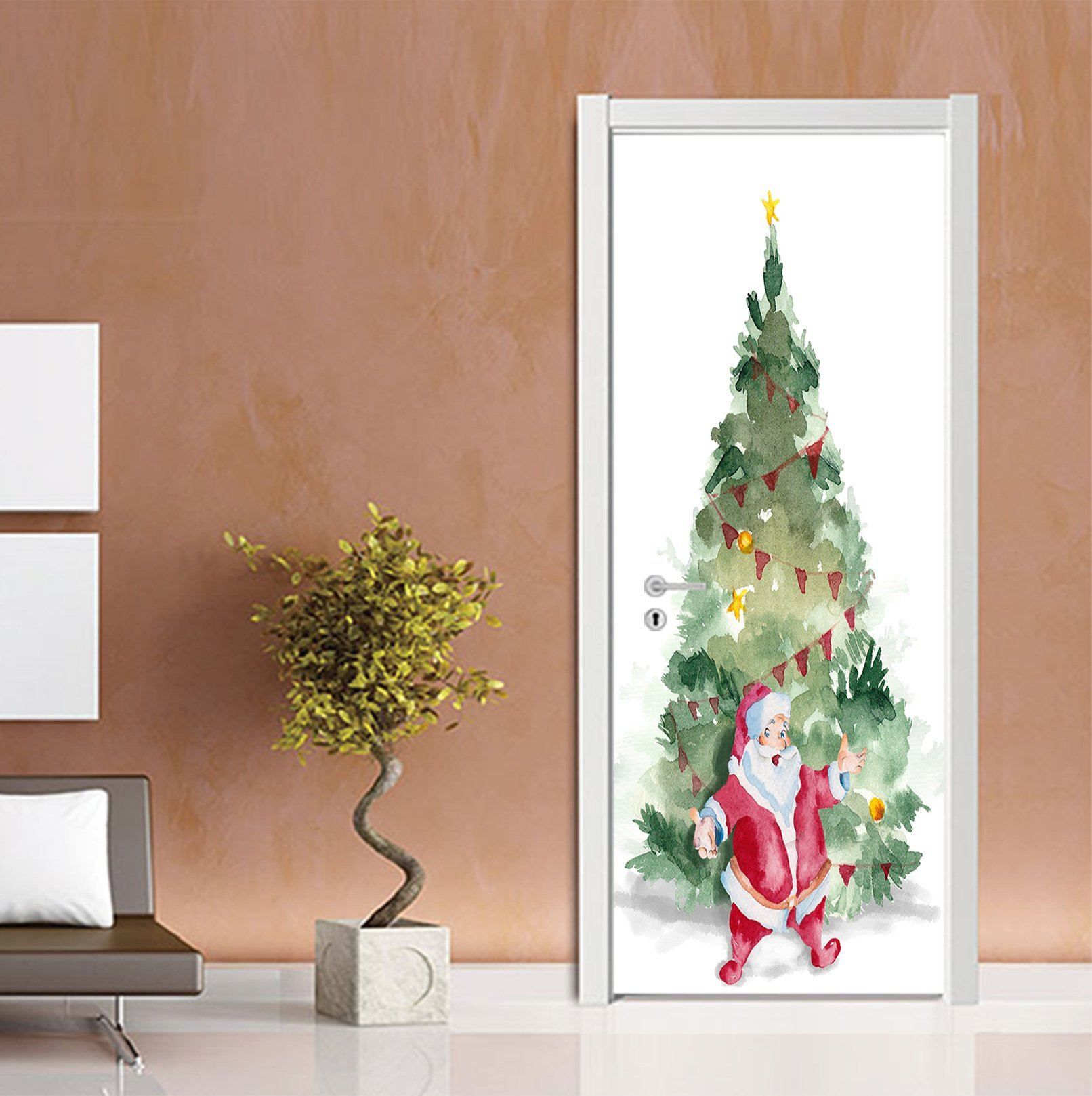 3D Christmas Xmas Tree Santa Claus 5 Door Mural Wallpaper AJ Wallpaper