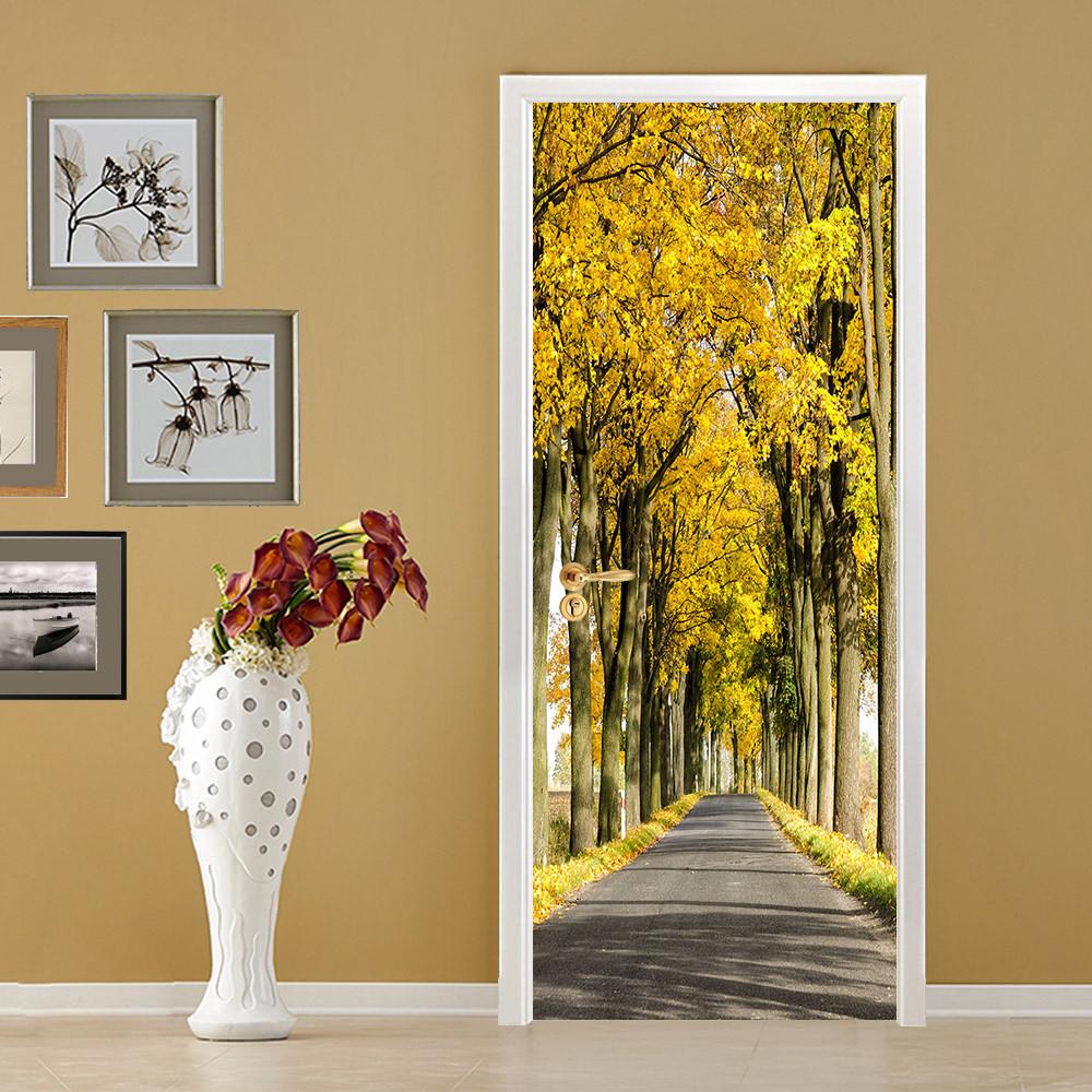 3D autumn tall tree door mural Wallpaper AJ Wallpaper