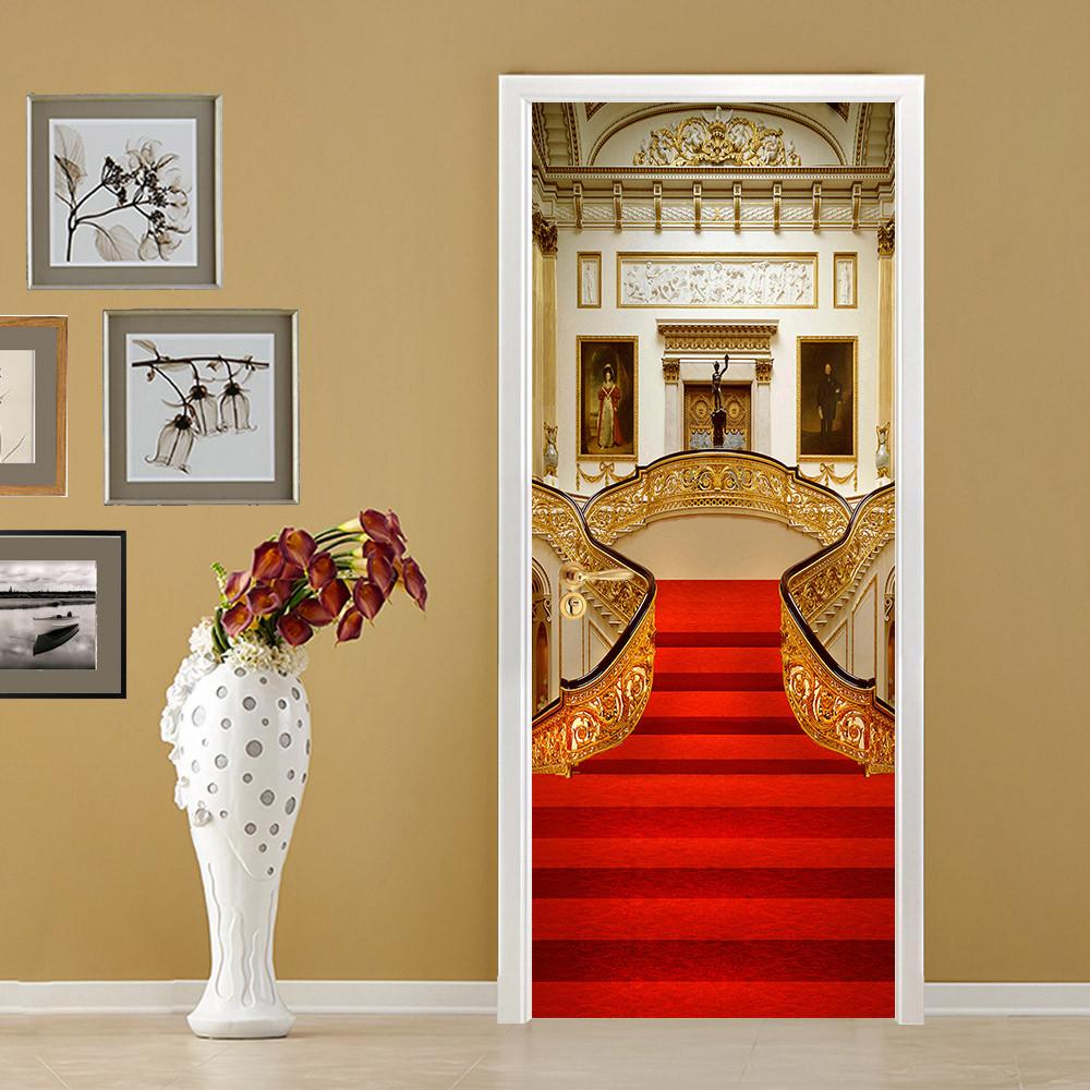3D red carpet stairs roof door mural Wallpaper AJ Wallpaper