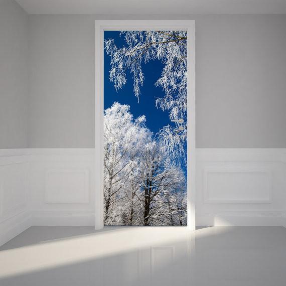 3D frozen trees blue sky door mural Wallpaper AJ Wallpaper