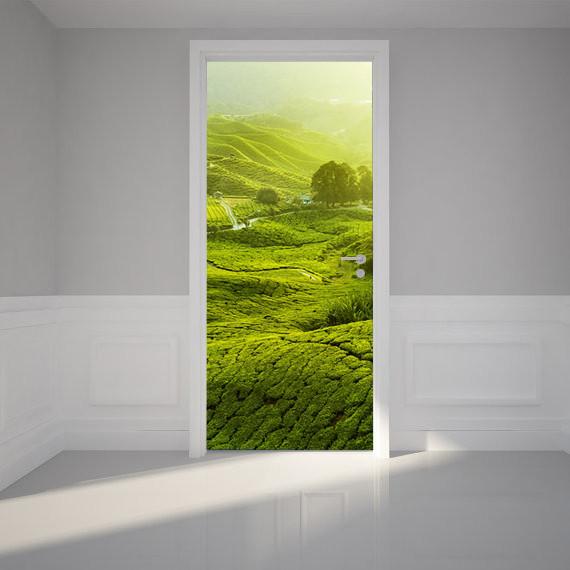 3D green tea mountains 02 door mural Wallpaper AJ Wallpaper