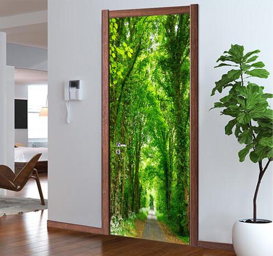 3D tree green trees street door mural Wallpaper AJ Wallpaper