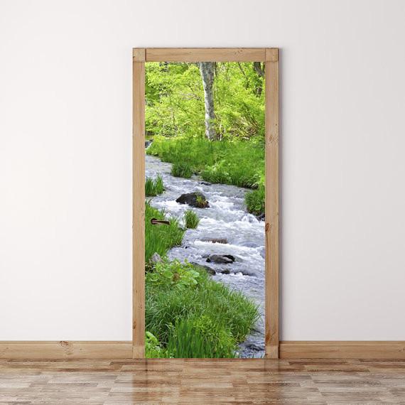 3D green grass river door mural Wallpaper AJ Wallpaper