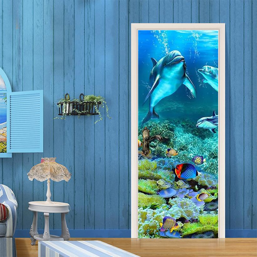 3D dolphins in the underwater world door mural Wallpaper AJ Wallpaper