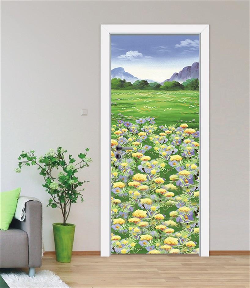 3D grassland mountain flower door mural Wallpaper AJ Wallpaper