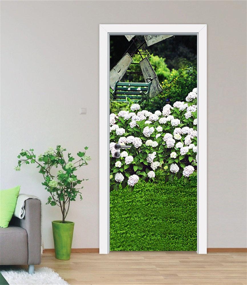3D like a green carpet white flowers door mural Wallpaper AJ Wallpaper