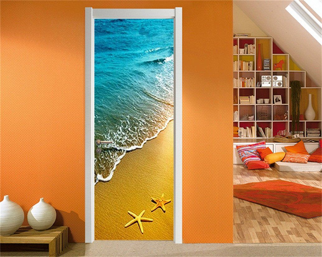 3D beach and blue waves door mural Wallpaper AJ Wallpaper
