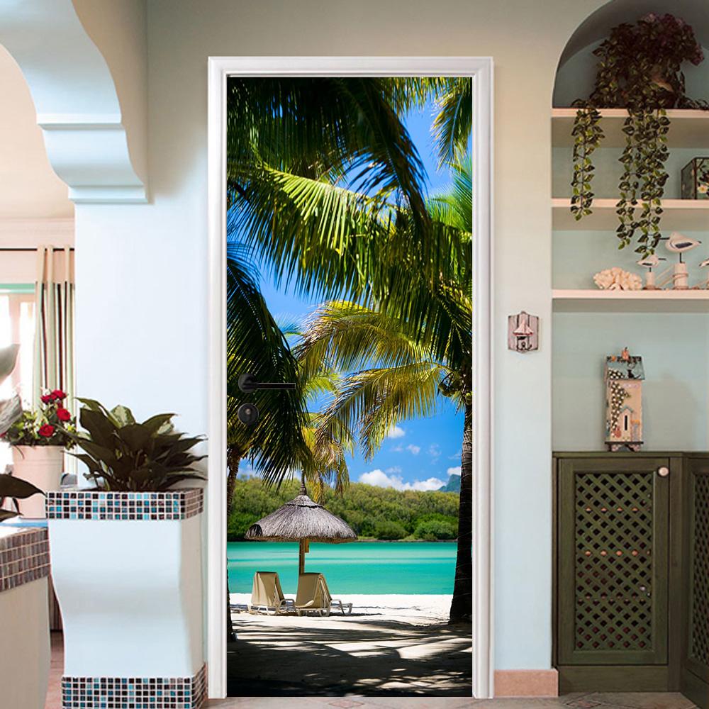 3d green palm sea door mural Wallpaper AJ Wallpaper
