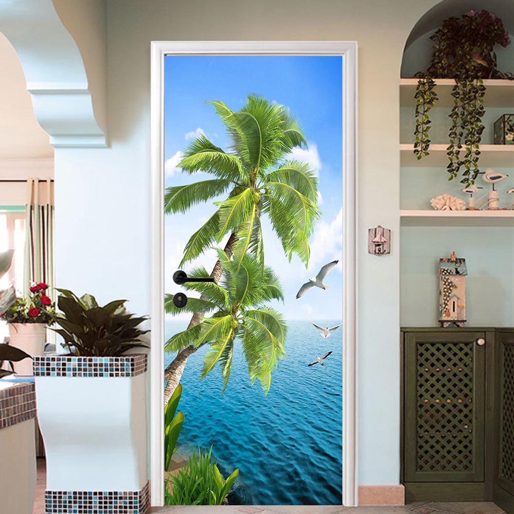 3D palm trees by the sea door mural Wallpaper AJ Wallpaper