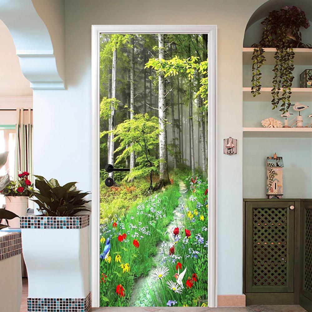 3D bright flowers and trees door mural Wallpaper AJ Wallpaper