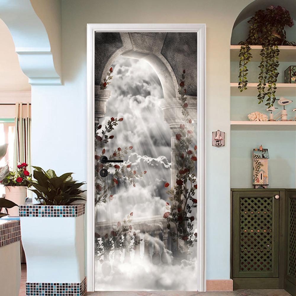 3D sunshine white clouds flower door mural Wallpaper AJ Wallpaper