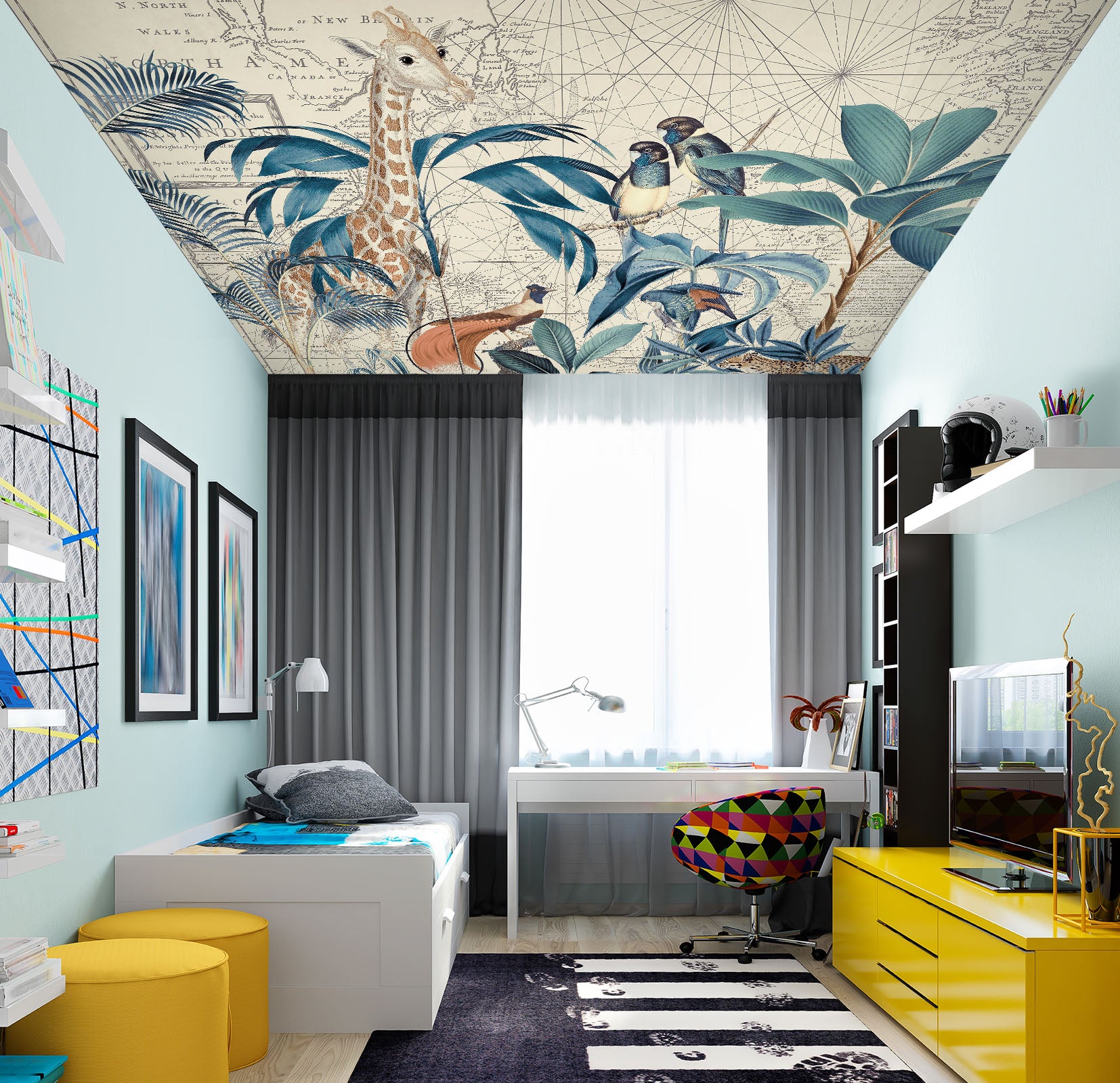 3D Blue Leaves Giraffe 5277 Andrea Haase Ceiling Wallpaper Murals