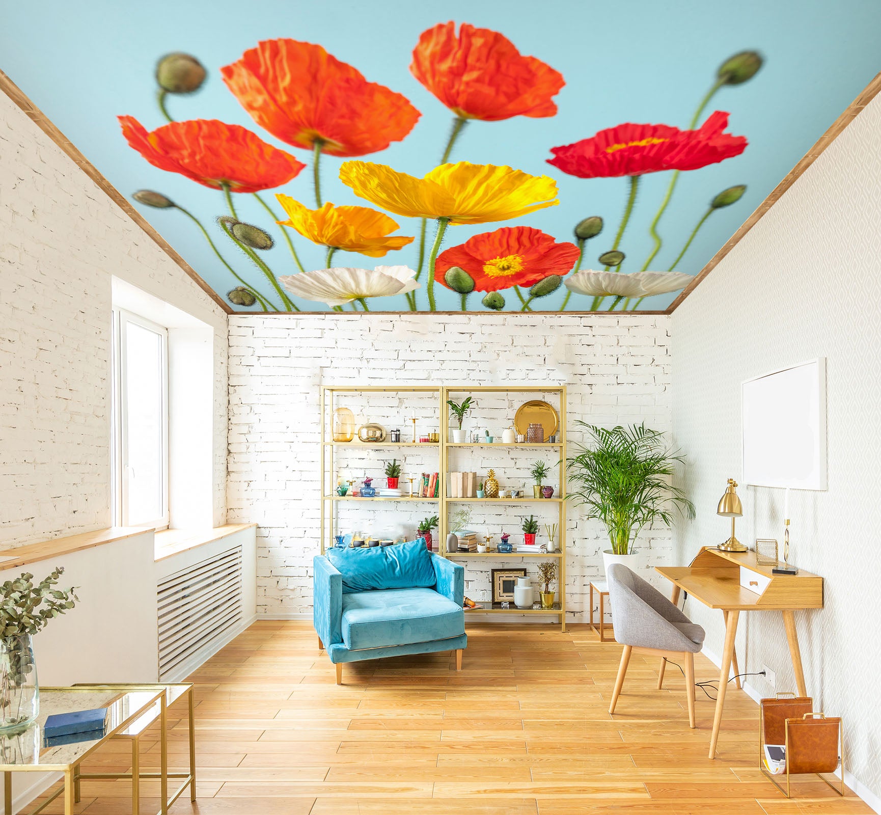 3D Red Yellow Poppy 2562 Assaf Frank Ceiling Wallpaper Murals