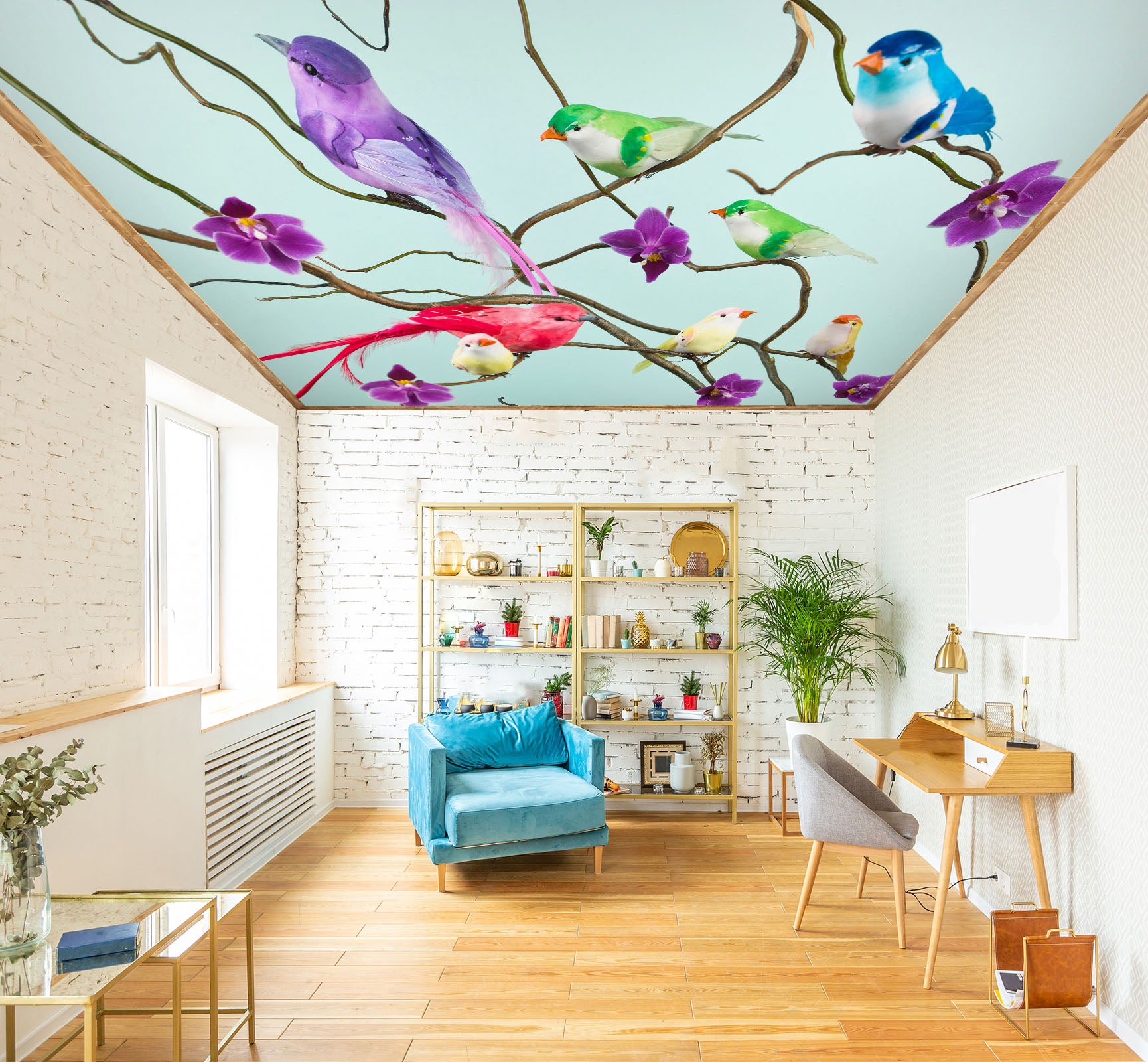3D Color Birds Flower 2568 Assaf Frank Ceiling Wallpaper Murals