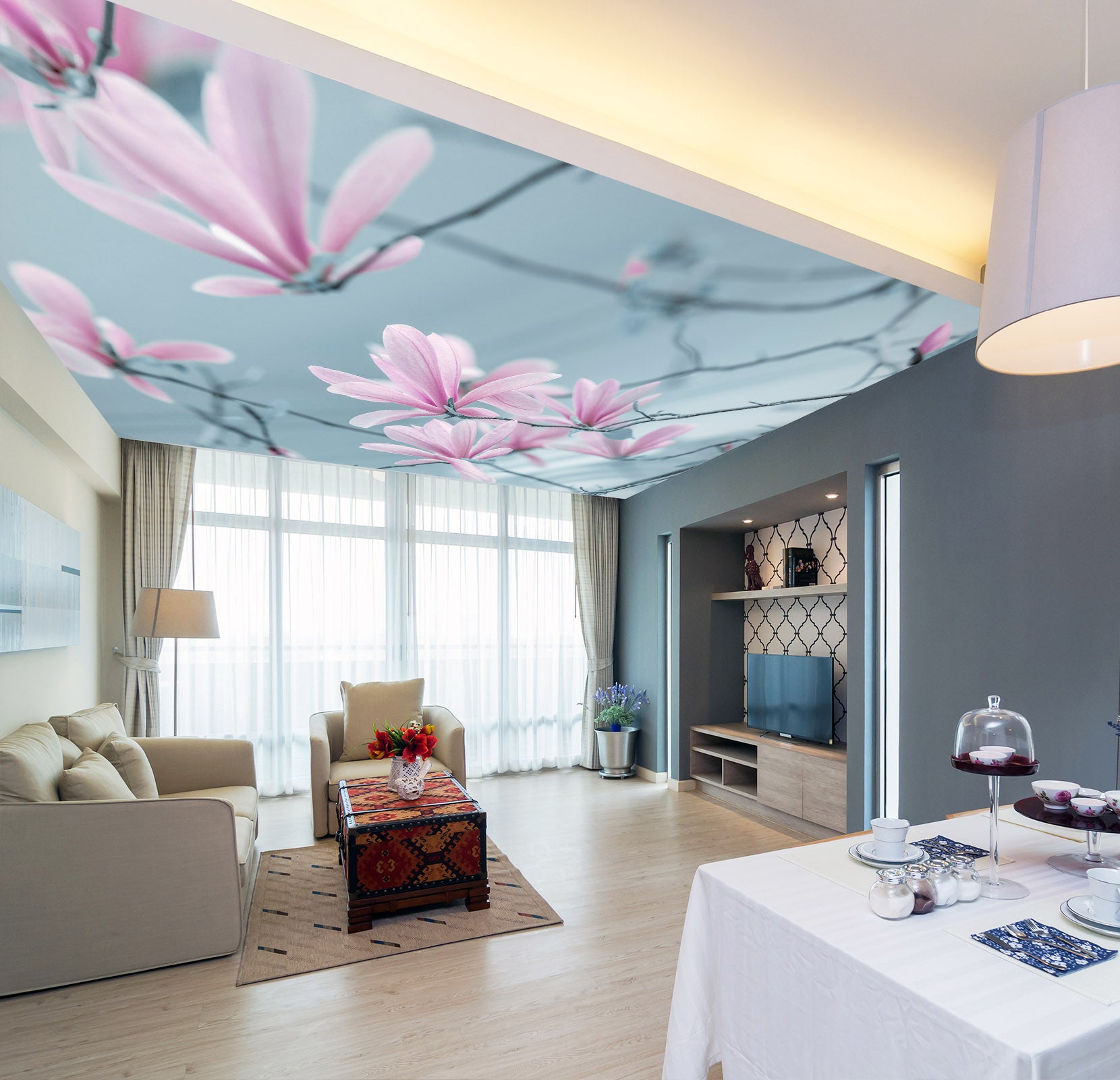 3D Pink Flower Branch 2589 Assaf Frank Ceiling Wallpaper Murals