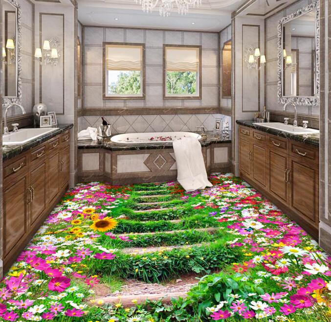 3D Flowers Stairs Floor Mural Wallpaper AJ Wallpaper 2