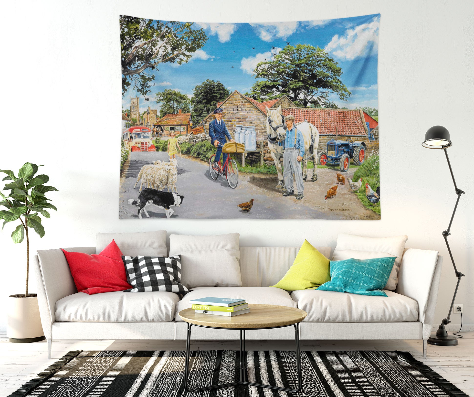 3D Village Dog Chicken Sheep Farmer 11277 Trevor Mitchell Tapestry Hanging Cloth Hang