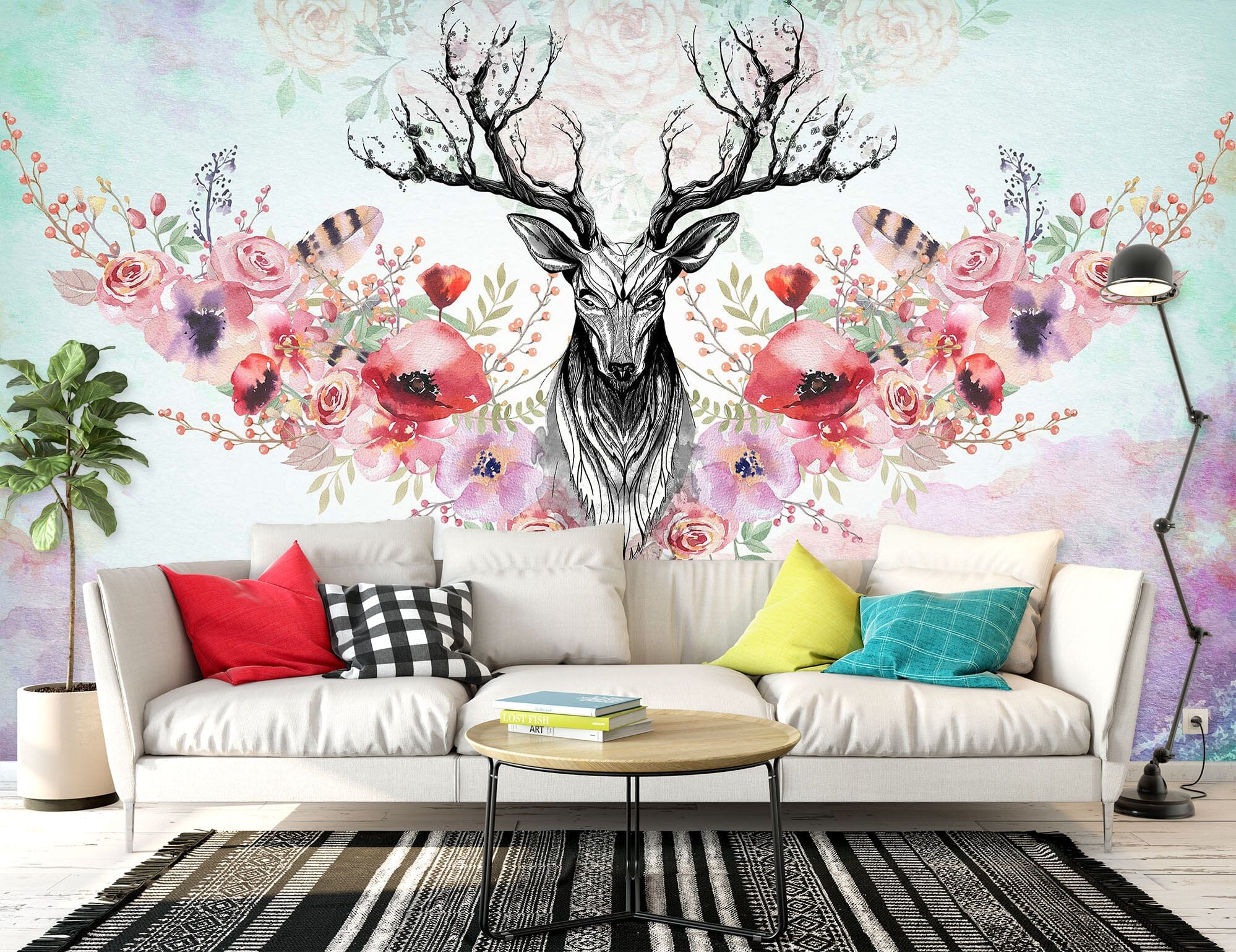 3D Flower Deer 1452 Wall Murals Wallpaper AJ Wallpaper 2